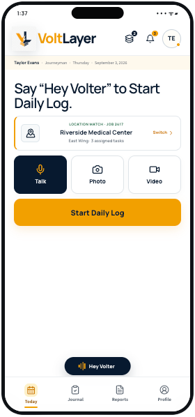 VoltLayer Field Companion prototype showing a job-matched Start Daily Log screen with Talk, Photo, and Video controls.
